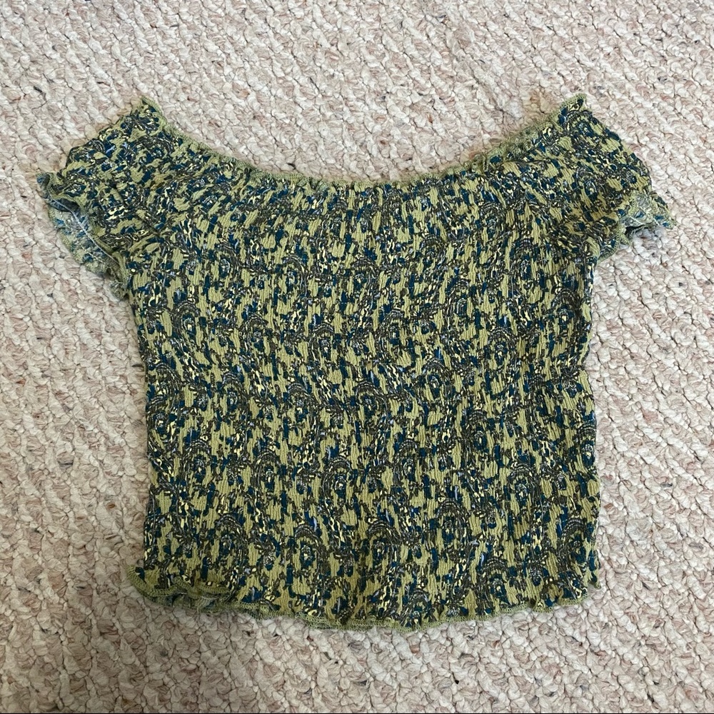 Earthbound Green and Blue Printed Off the Shoulder Cropped Scrunchie Top